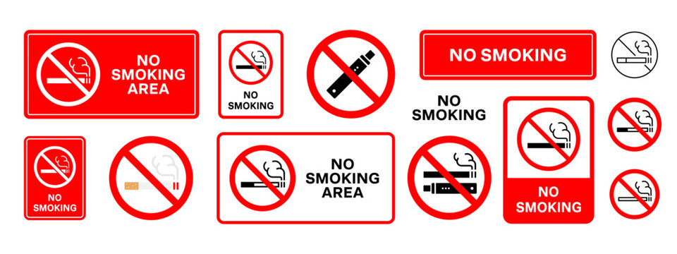 No smoking sign collection. Prohibition signs with cigarette, electronic cigarette and smoke symbols and text. Smoking forbidden notices for public places. Tobacco restriction signs for indoor areas.