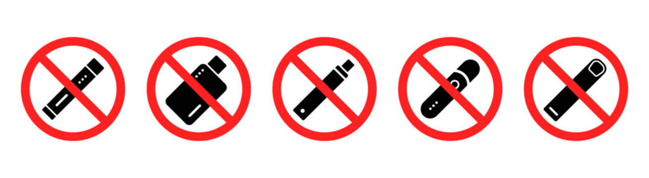 No vaping sign icon set. Prohibition signs with electronic cigarette symbol. Vaping forbidden notices for public places. Ban and restriction signs for e cigarette use in indoor areas.