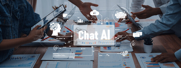 A dynamic workspace showcasing teamwork and collaboration in a business setting, featuring chat AI...