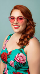 Smiling woman with red hair, wearing heart-shaped sunglasses and floral dress.  Valentine's Day theme, cheerful and positive mood
