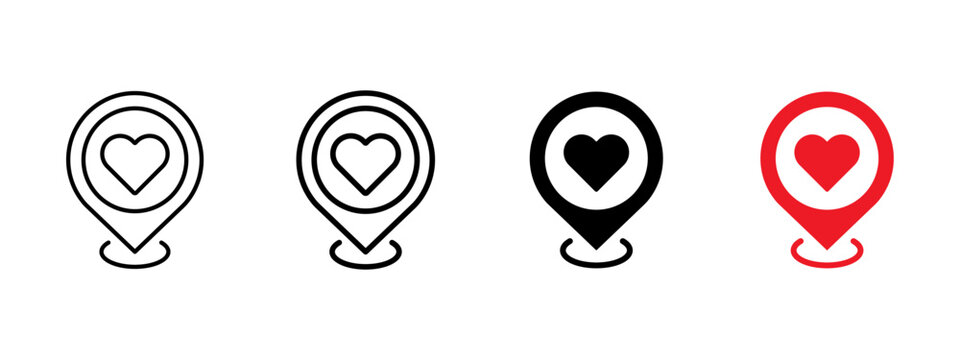 Favorite location icon set. Map pin with heart for saved and loved places. Navigation and gps location icons for maps, travel apps, dating services and user interface design. Clean vector signs.