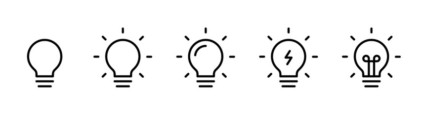 Fototapeta na wymiar Light bulb icon set showing idea and inspiration concepts. Creative thinking, innovation and solution symbols. Energy and insight pictograms for business concepts, brainstorming and startup visuals.