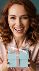 Smiling woman with wavy brown hair holds light-blue gift box with pink ribbon, conveying joy and gift-giving, ideal for holiday or celebration concepts