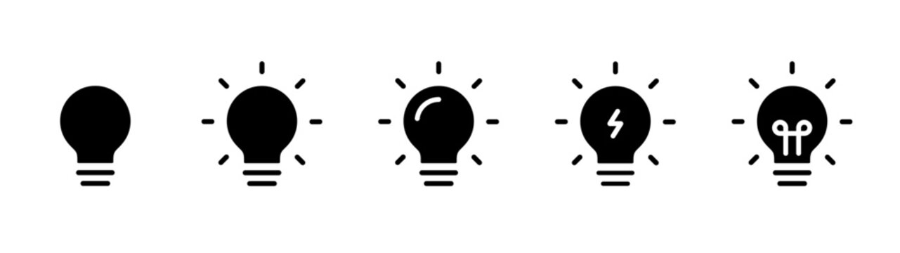 Light bulb icon set solid. Idea and inspiration symbols showing creative thinking and innovation. Energy, insight and solution concepts for business ideas, startups and strategic decision making.