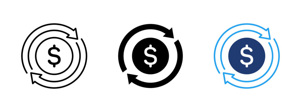 Money cycle icon set with dollar coin and circular arrows. Cash flow, payment return and currency exchange concept. Financial transaction, income and profit symbol for business and finance.