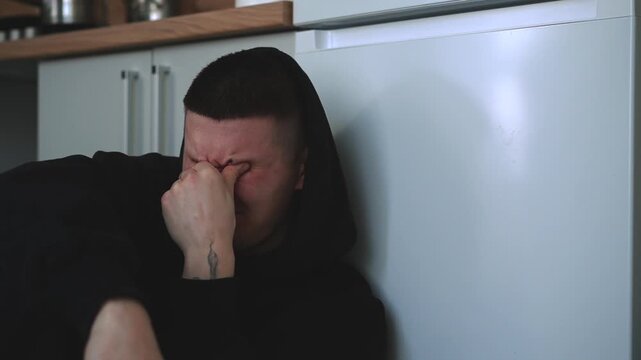 Symptoms of schizophrenia in a man.
Mental health issues.
Anxiety and worry.
Nervous breakdown due to mental disorders.