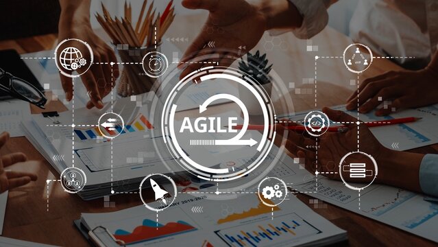 Engaging teamwork in agile project management showcases collaboration and innovative strategies. Visual elements highlight analysis and data-driven decision-making for success. Raster