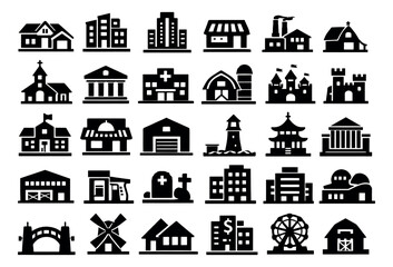 Naklejka premium Simple architectural icons set featuring various buildings and city structures for design projects