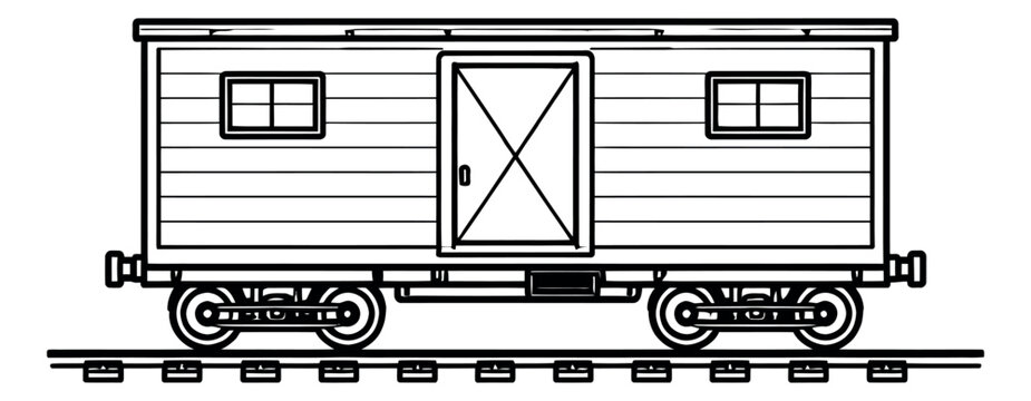 Hand drawn line art illustration of a freight car depicting a railway vehicle for logistics and shipping
