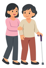 Modern flat design illustration of a young woman and an elderly woman depicting a caregiver assisting an elder with a walking cane for senior assistance and healthcare