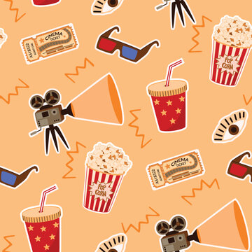 Movie seamless pattern with retro projector, popcorn, 3D glasses, drink, ticket, eye. Cartoon objects in red, yellow, brown, blue colors. Vector  print on fabric and paper. Film industry concept. 
