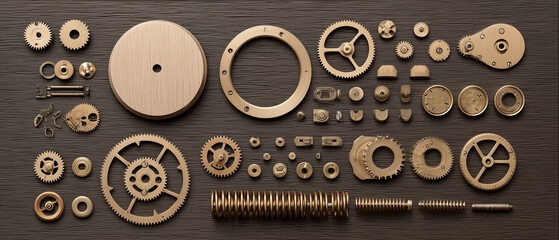 Brass Clockwork Gears Flat Lay, Steampunk Mechanical Parts Background
