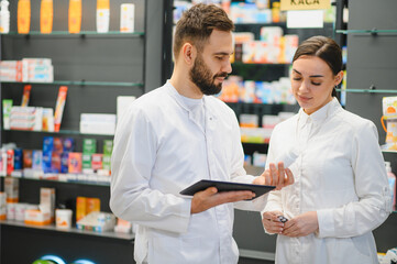 Obraz premium Pharmacists working inside drugstore discussing medical products