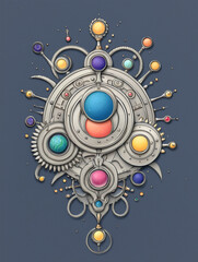 Steampunk Orrery Emblem with Colorful Planets, Clockwork Fantasy Illustration