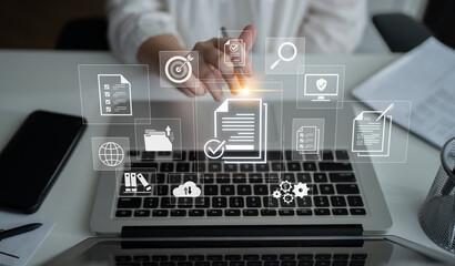 Concept of corporate compliance and quality control. Following a checklist and adhering to company...