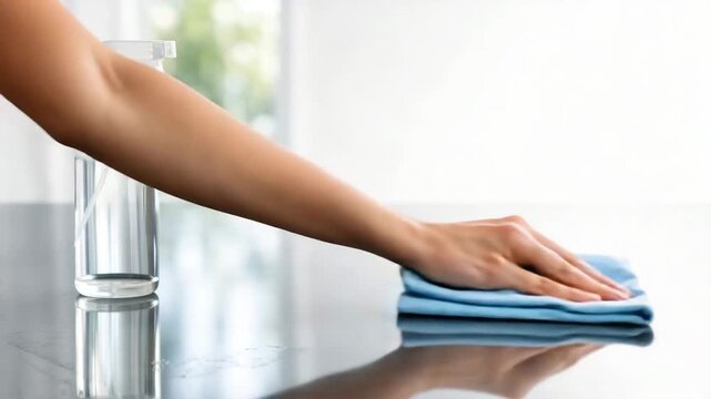 Hand using a blue cloth to clean a shiny surface with a spray bottle nearby, demonstrating effective cleaning techniques and the progression of the cleaning process in a bright environment