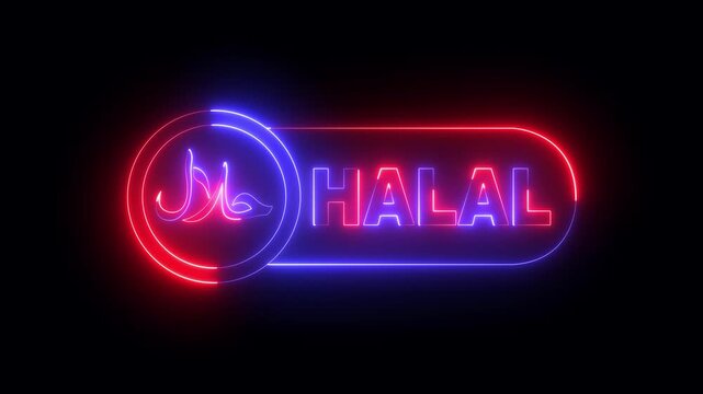 glowing neon halal food label icon isolated on black background. Halal certified badge, and Halal food certified. 4k video animation.