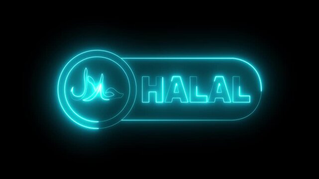 glowing neon halal food label icon isolated on black background. Halal certified badge, and Halal food certified. 4k video animation.