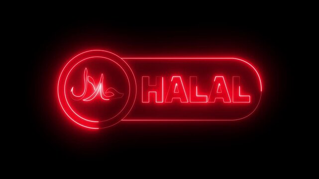 glowing neon halal food label icon isolated on black background. Halal certified badge, and Halal food certified. 4k video animation.