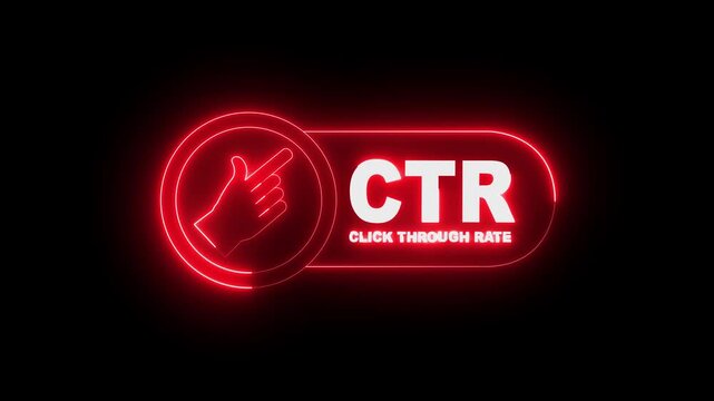 glowing neon CTR click-through rate banner icon animation on black background, business terminology concept. Business concept CTR click through rate info graphic. 4k video animation.