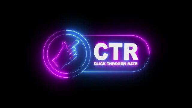 glowing neon CTR click-through rate banner icon animation on black background, business terminology concept. Business concept CTR click through rate info graphic. 4k video animation.