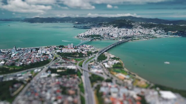 Aerial view of the city of Florianopols as seen from the continent from the city of Sao Jose. State of Santa Catarina, Brazil