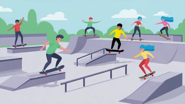 Diverse Group of Young People Skateboarding at a Modern Skatepark