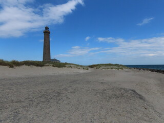 Lighthouse on sand dunes by the North Sea