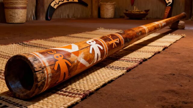  long wooden didgeridoo placed horizontally inside aboriginal cultural interior orbit video