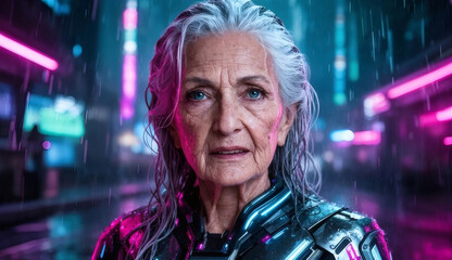Fototapeta premium Cinematic cyberpunk elderly woman portrait in neon rain, futuristic city lights, dramatic lighting, ultra realistic