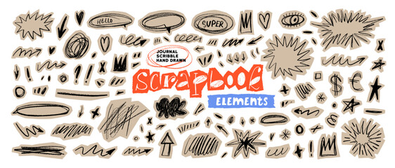 Fototapeta na wymiar Retro scrapbook doodle scribble stickers set. Crayon drawn decorative collage shapes, torn paper edges. Scrapbook shapes for notes, journal, zine design. Daily planner and dairy craft stickers.