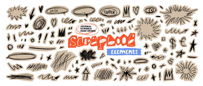 Retro scrapbook doodle scribble stickers set. Crayon drawn decorative collage shapes, torn paper edges. Scrapbook shapes for notes, journal, zine design. Daily planner and dairy craft stickers.