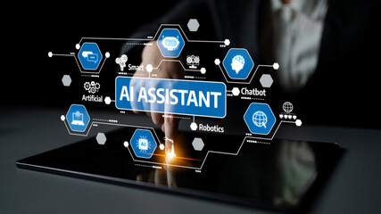 Fototapeta premium This image showcases advanced AI assistant technology with a focus on digital interaction, highlighting robotics and chatbots that enhance modern business solutions. Tessel