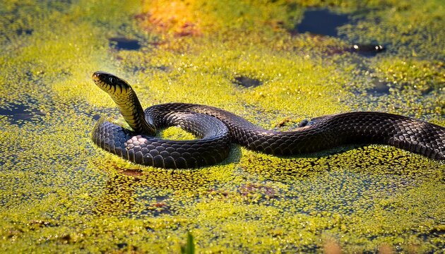 Black Grass Snake Natrix Natrix Called Called The Ringed Snake Or Water Snake Among Green Duckweed On Sunny Pond Close Up Of Reptile