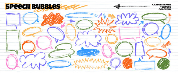 Colorful crayon funky speech bubble collection on lines paper background. Hand drawn childish naive message boxes with chalk or crayon texture. Speech bubble shapes, silhouettes and outlines.