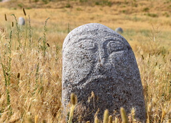 Balbal (Steinstatue) auf einem Kornfeld nahe des Burano-Turms