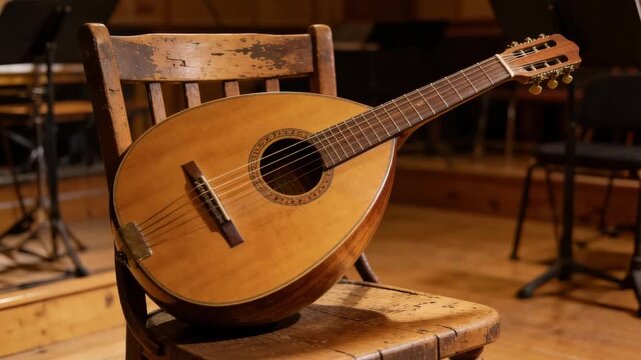 mandola resting on wooden chair inside folk rehearsal space zoom out video