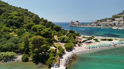 Fotobehang Liguria Aerial view of Palmaria Island beach with crystal clear water and rocky coastline  © jovannig