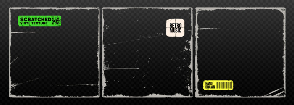 Square scratchy folded torn cover texture set with colorful funky stickers. Hand drawn grunge scratchy frame overlays with rough retro edges. Cd album cover templates or mockups. Vector photo frames.