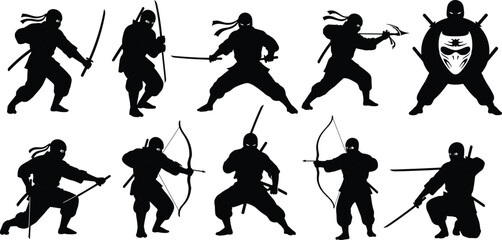 Obraz premium Black silhouettes of ninjas in various fighting poses with white background