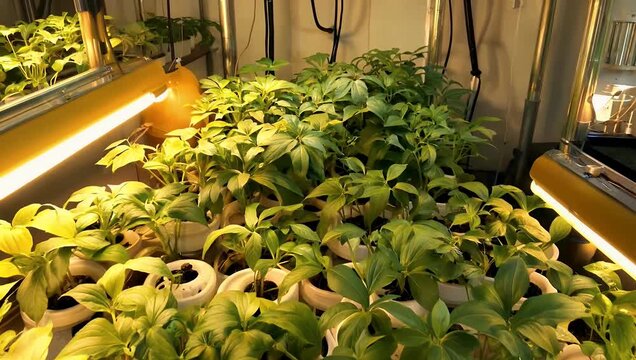 High resolution 4K aerial footage of indoor plant cultivation illuminated by warm artificial lamps highlighting lush greenery growth patterns agricultural technology vertical farming 