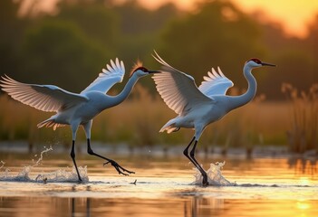 Fototapeta premium Graceful Sandhill Crane Dance Ritual in Vibrant Wetland Marsh during Spring Season