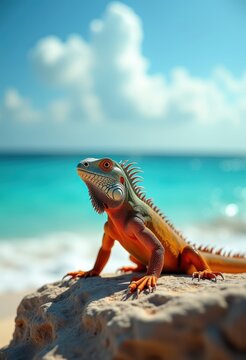 Iguana Sunbathing on Tropical Beach Rock with Radiant Ocean Backdrop and Clear Skies