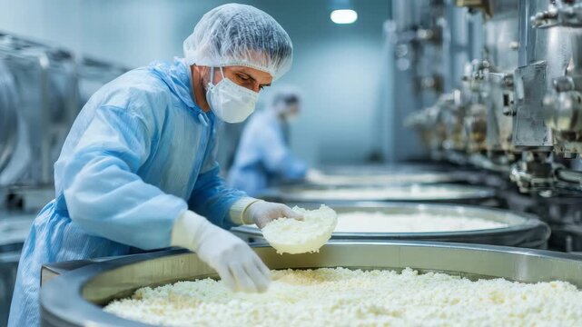 Workers in sterile clothing producing fresh cheese in a modern facility during production hours