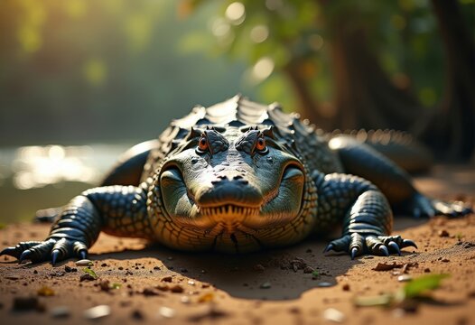 Majestic Crocodile Basking on Muddy River Bank Under Warm Sunlight Captured in Upclose Detail