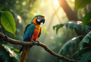 Obraz premium Tropical Parrot Perched on Branch in Dense Rainforest Canopy Surrounded by Lush Green Foliage