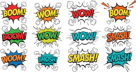 Comic book explosion speech bubbles with dynamic text and colorful effects boom © Riyaj Vector Valley