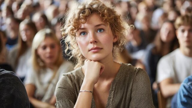 Young female with curly hair sits in crowded audience during science discussion at academic event in a university auditorium