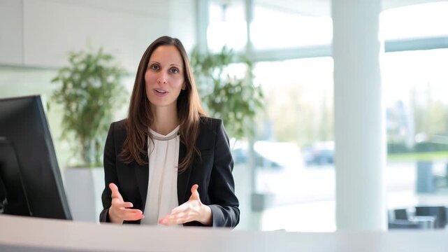 European woman receptionist sitting at a modern office reception desk, smiling warmly, wearing a black blazer and white blouse, computer monitor on the desk, clean minima 4K