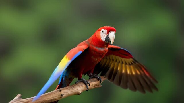 Vibrant Scarlet Macaw with Spread Wings Perched on a Branch Against a Soft Green Background in Natural Light